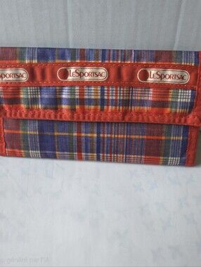 Vintage LeSportsac Trifold Wallet Plaid Ripstop Nylon Red Blue Travel Wallet